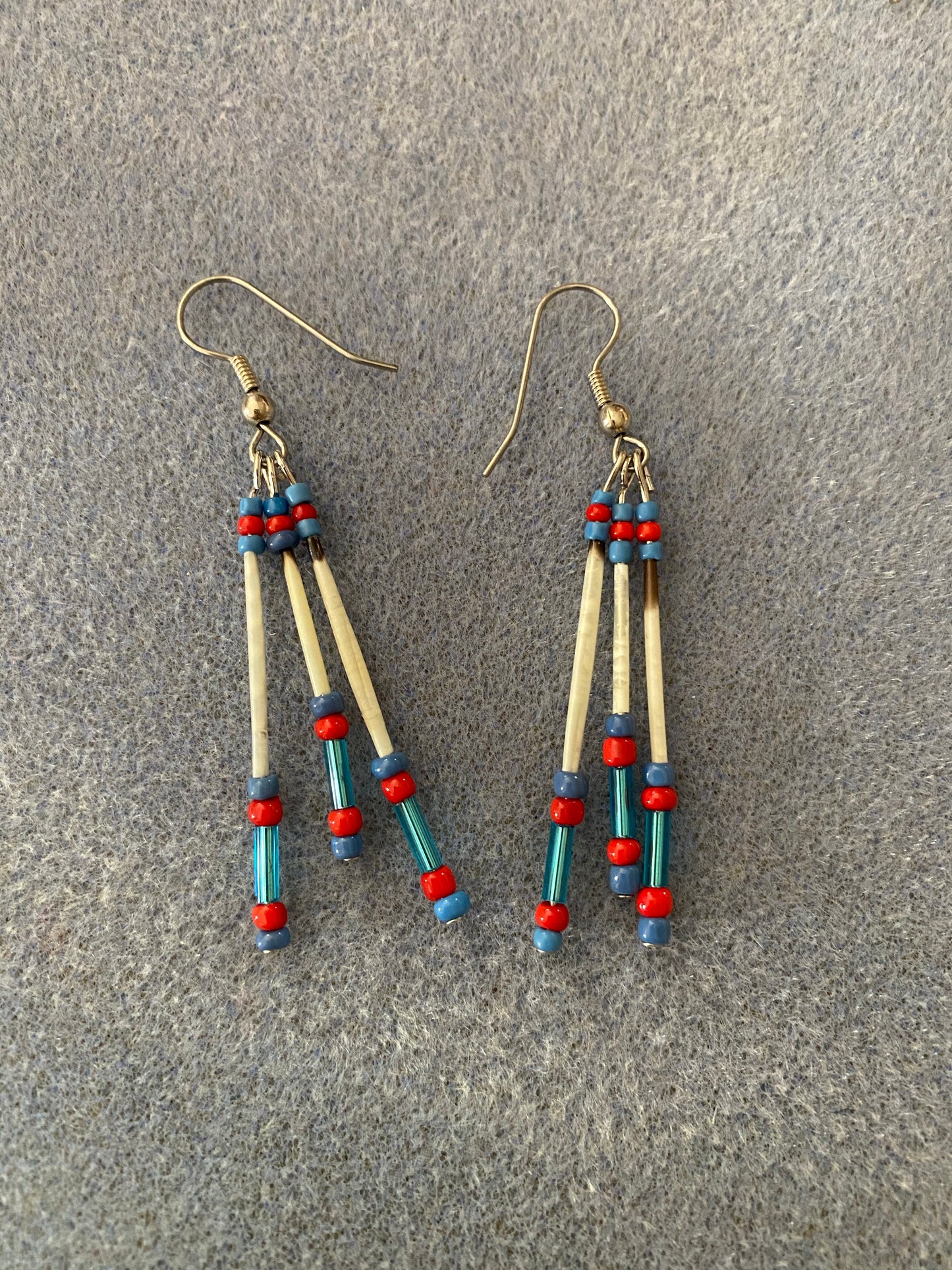 Porcupine Quill Earrings with three quill drops in turquoise and red. Custom made in your choice of color.