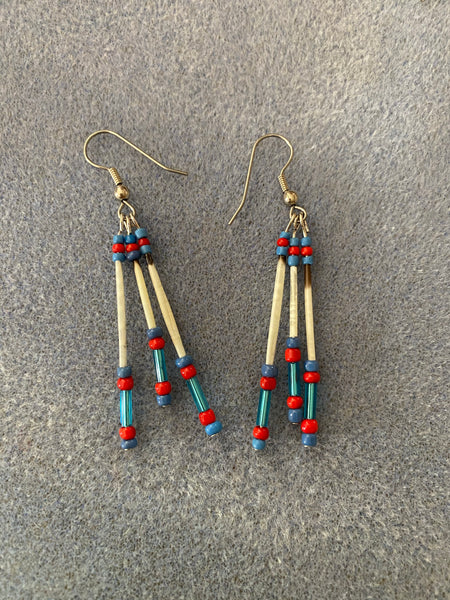 Porcupine Quill Earrings with three quill drops in turquoise and red.  Custom made in your choice of color. 